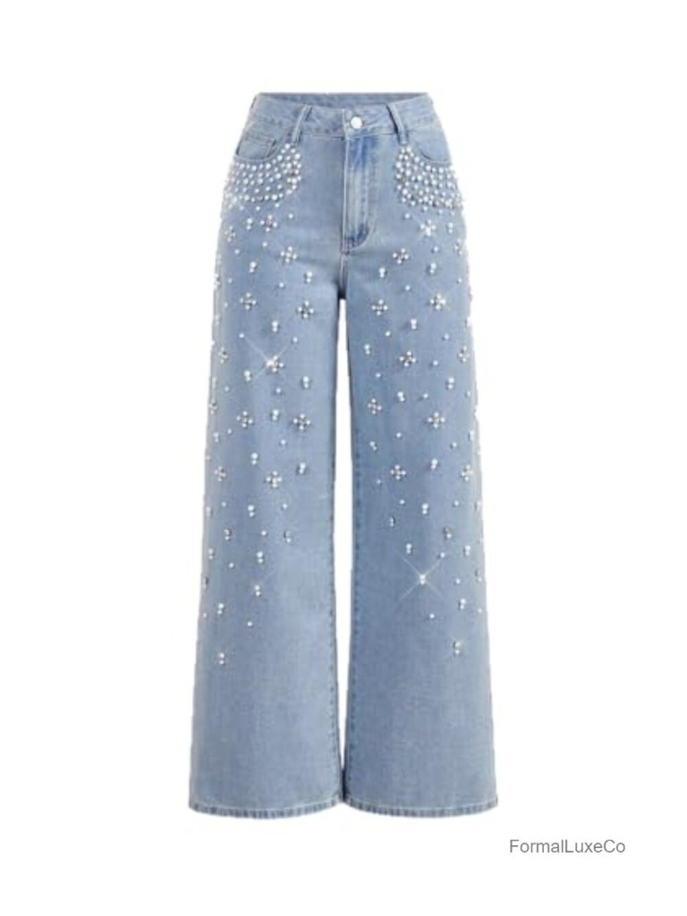 SEMATOMALA Rhinestones Pearl High Waisted Wide Leg Denim Pants